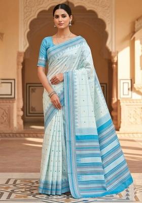 Light Blue Jacquard Silk Blend Saree Set