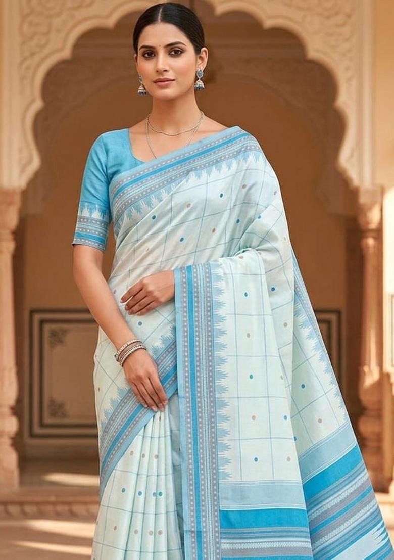 Light Blue Jacquard Silk Blend Saree Set - Indya