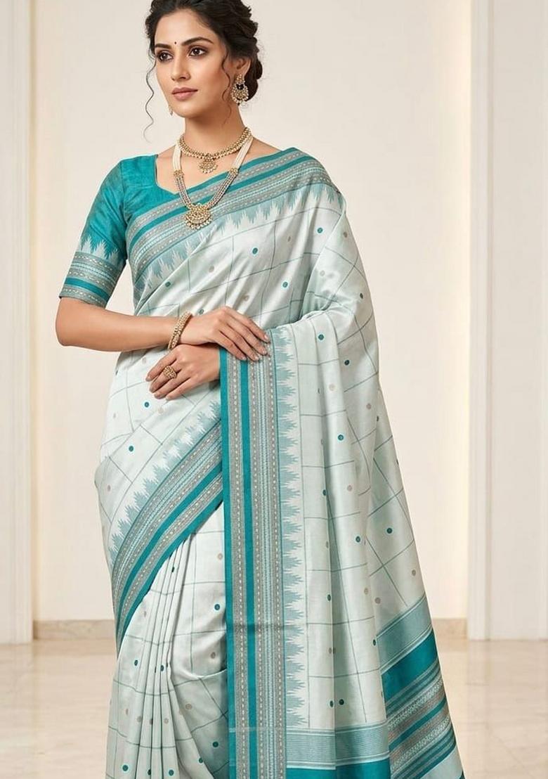 Silver Grey Jacquard Silk Blend Saree Set - Indya