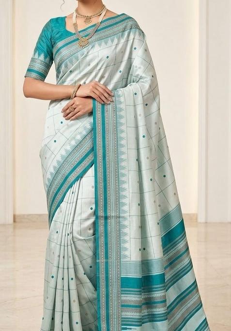 Silver Grey Jacquard Silk Blend Saree Set