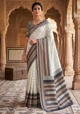 White Jacquard Silk Blend Saree Set