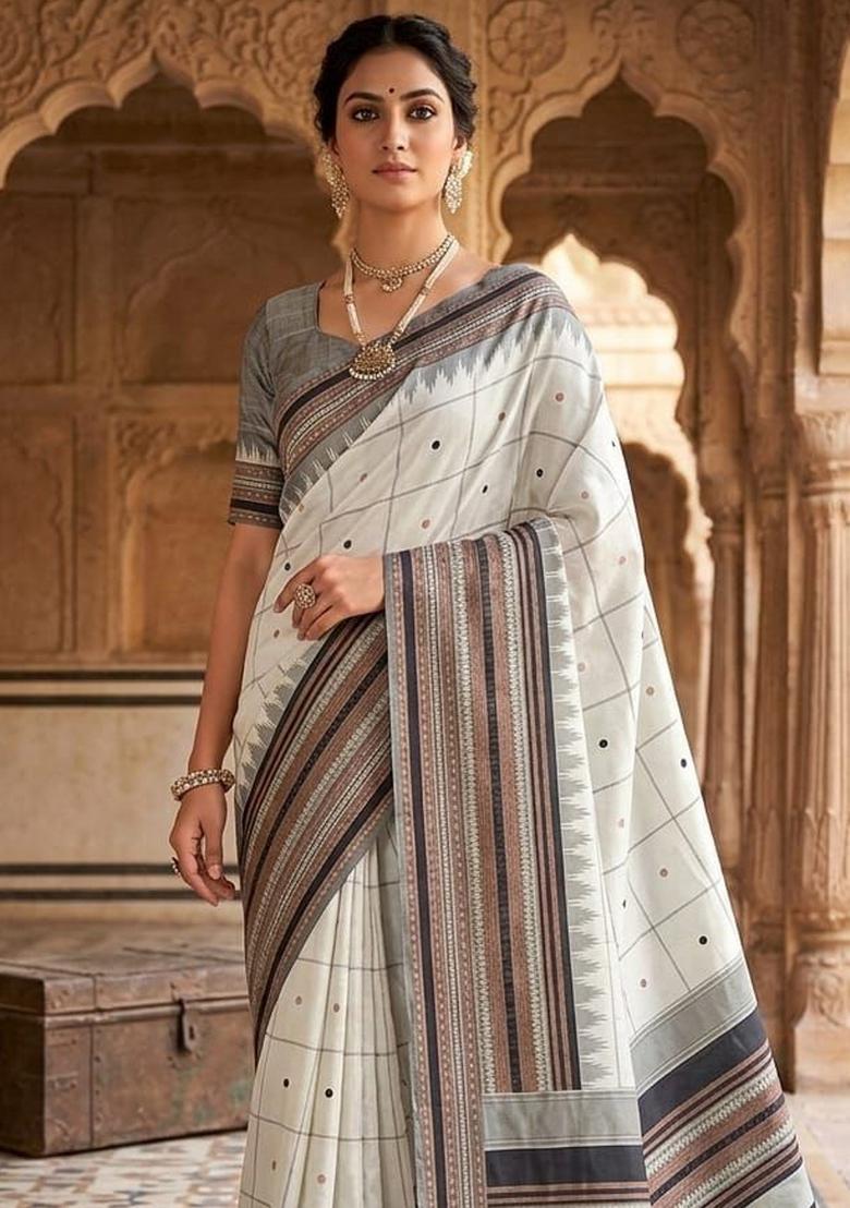 White Jacquard Silk Blend Saree Set - Indya