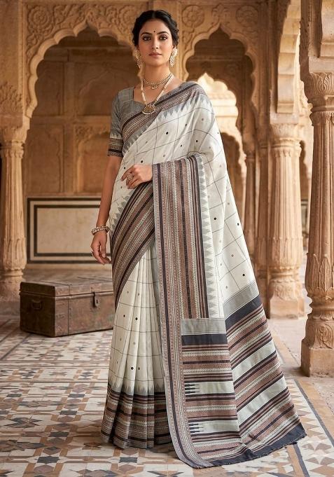 White Jacquard Silk Blend Saree Set
