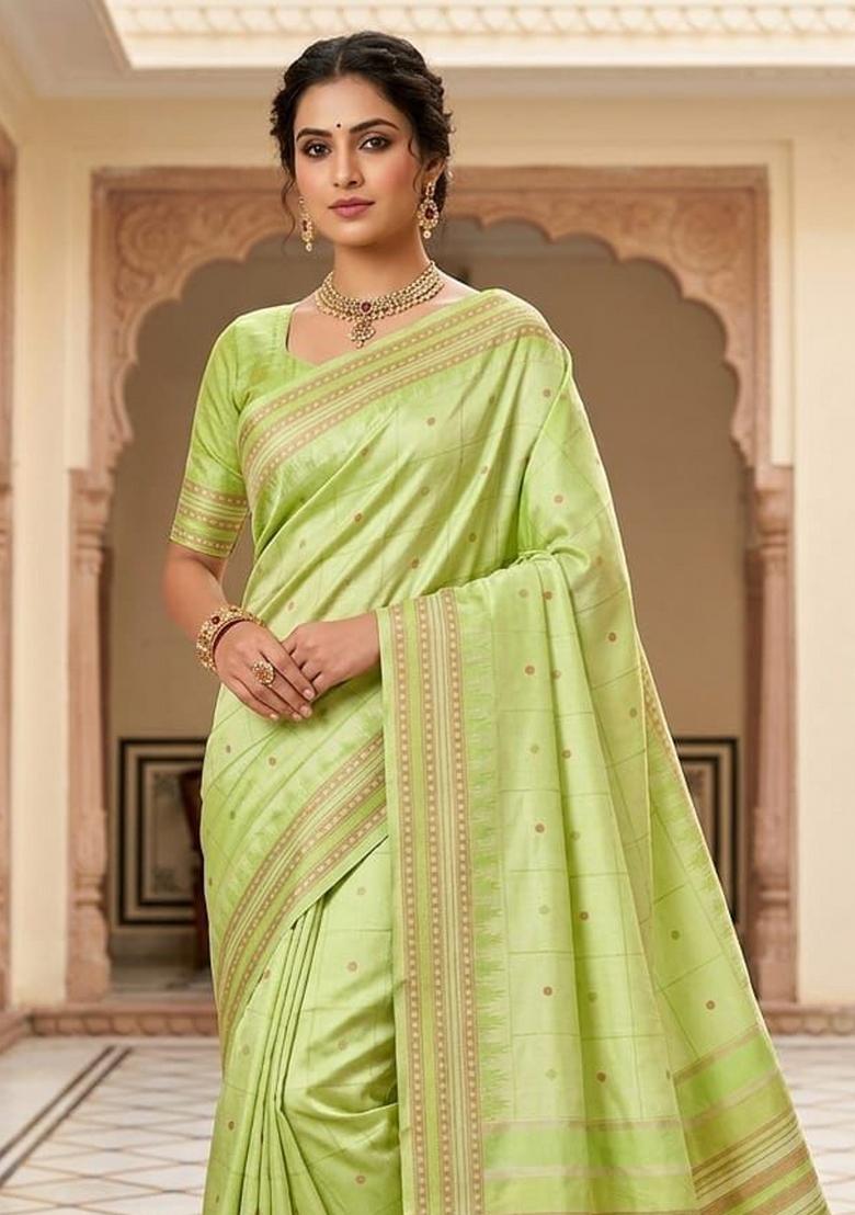 Light Green Jacquard Silk Blend Saree Set - Indya