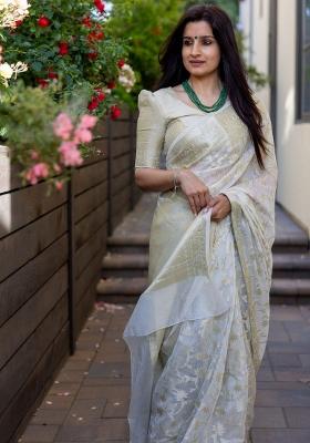 Off White Jacquard Silk Blend Saree Set