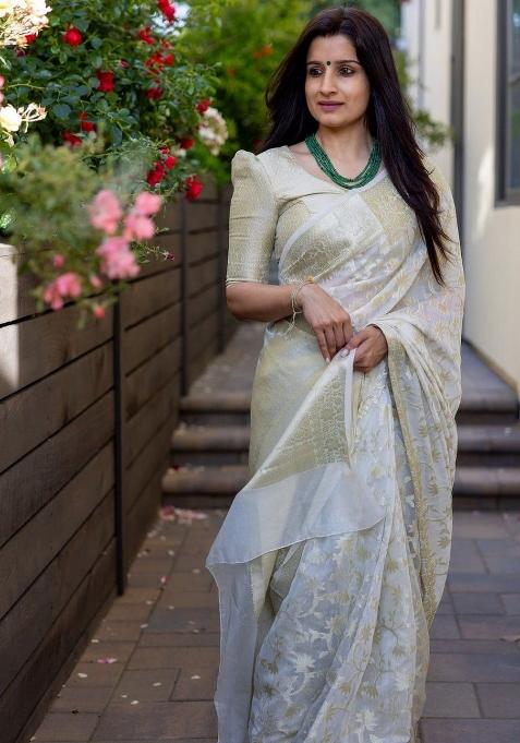 Off White Jacquard Silk Blend Saree Set