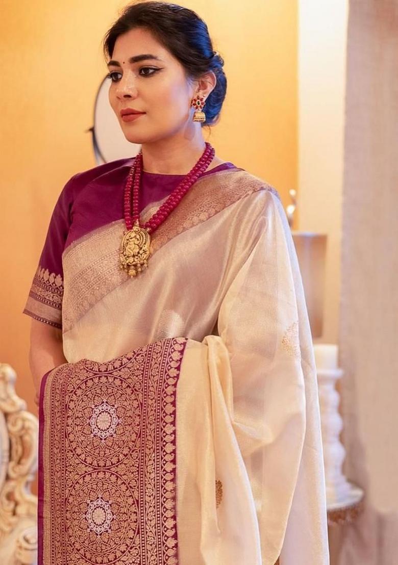 Cream Jacquard Silk Blend Saree Set - Indya