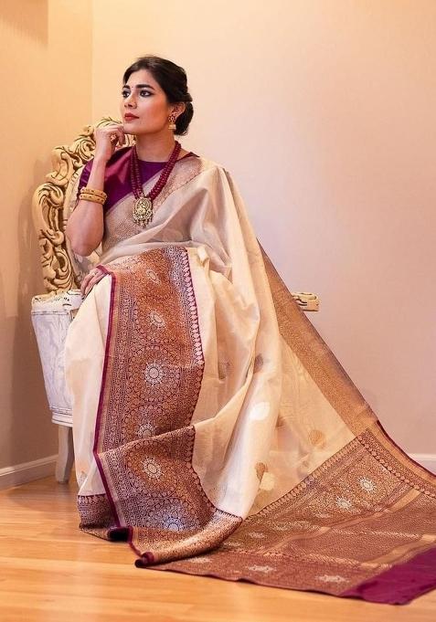 Cream Jacquard Silk Blend Saree Set