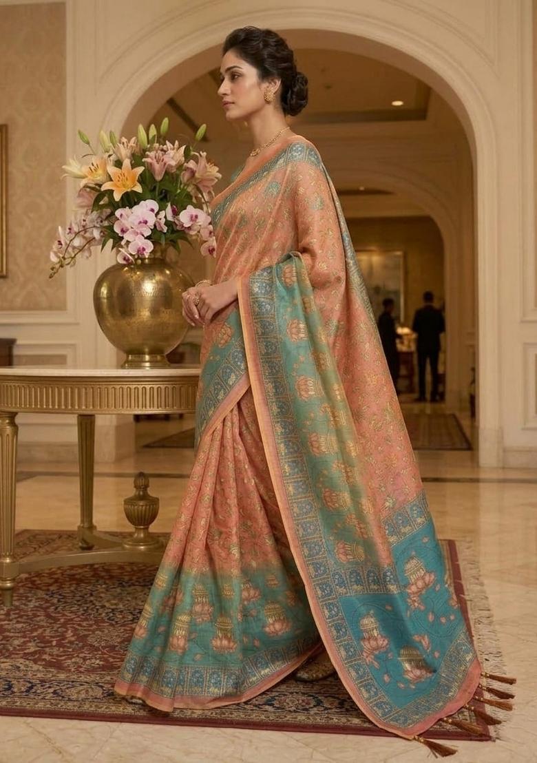 Pink Printed Handloom Saree Set - Indya