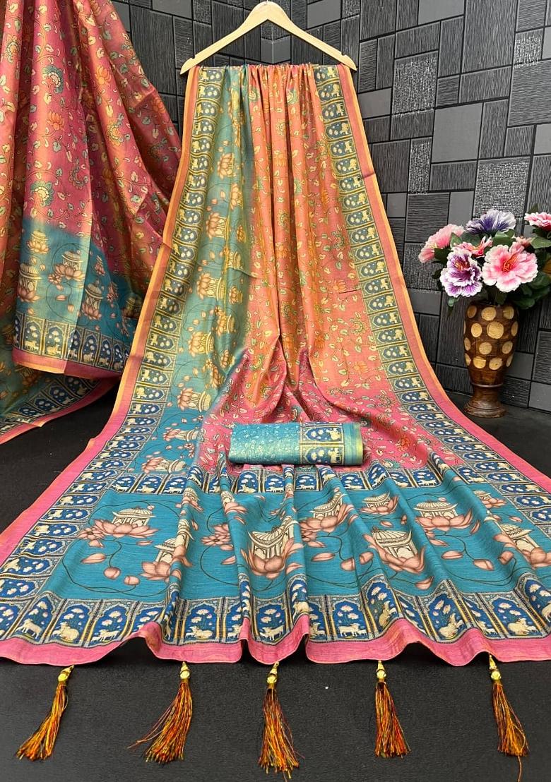 Pink Printed Handloom Saree Set - Indya