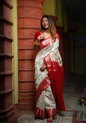 White Zari Work Silk Blend Saree Set