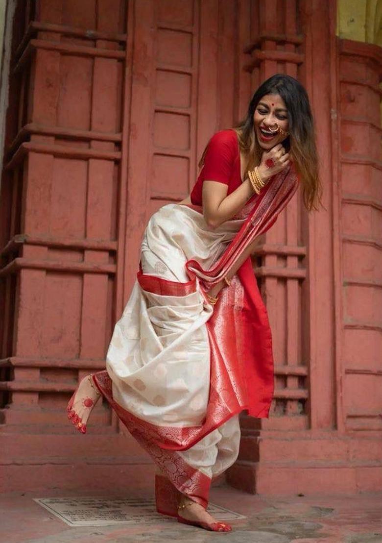 White Zari Work Silk Blend Saree Set - Indya