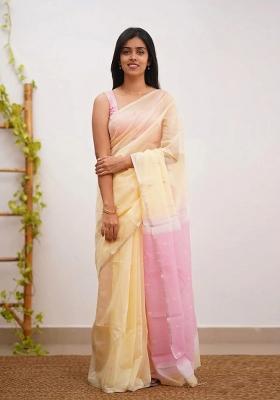 Yellow Jacquard Border Linen Saree Set