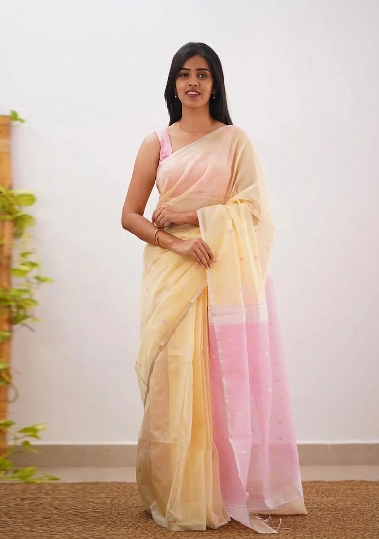 Yellow Jacquard Border Linen Saree Set - Indya