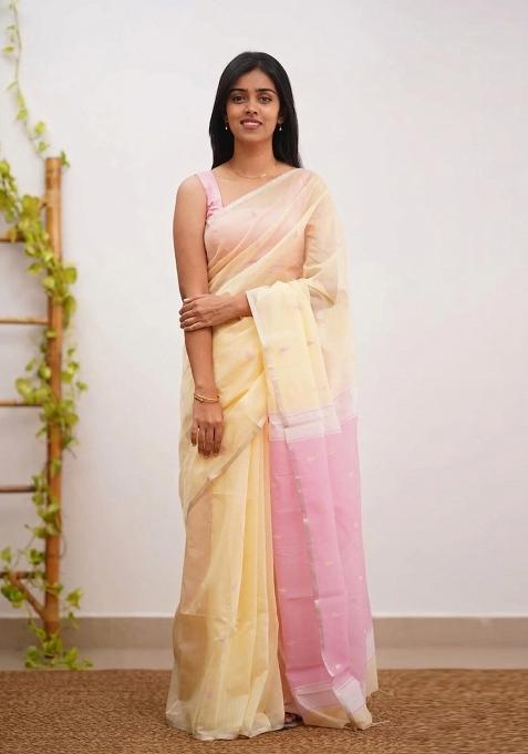 Yellow Jacquard Border Linen Saree Set