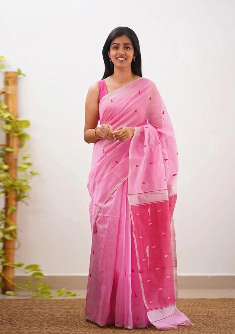 Pink Jacquard Border Linen Saree Set - Indya