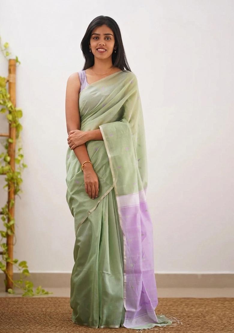 Light Green Jacquard Border Linen Saree Set - Indya