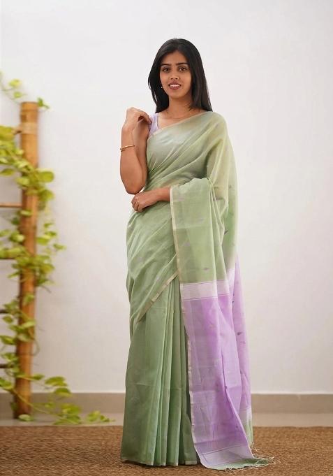 Light Green Jacquard Border Linen Saree Set