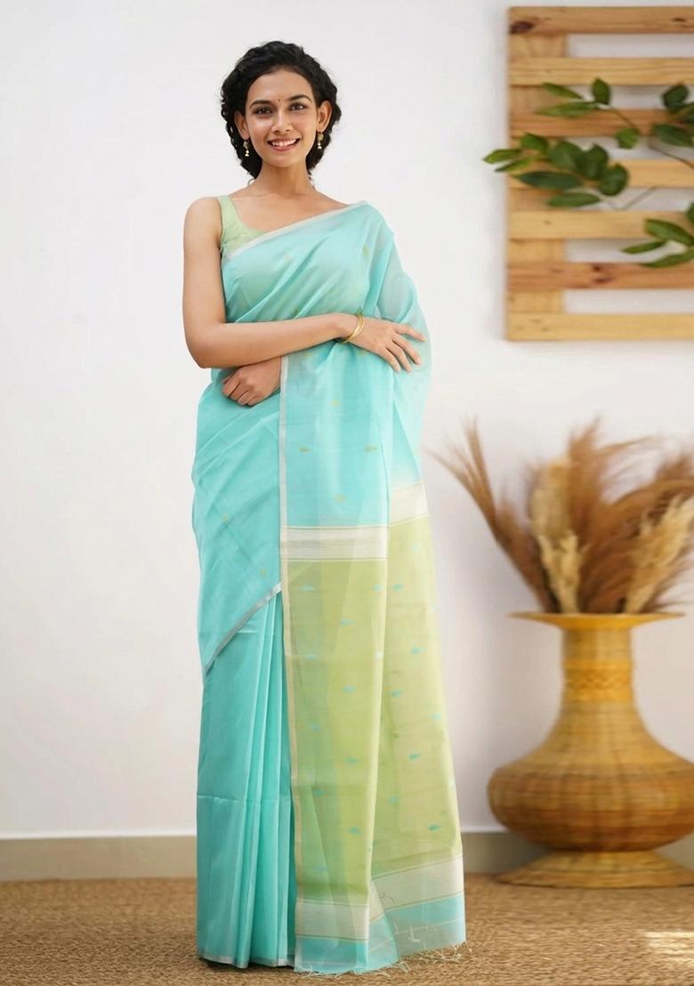 Light Blue Jacquard Border Linen Saree Set - Indya