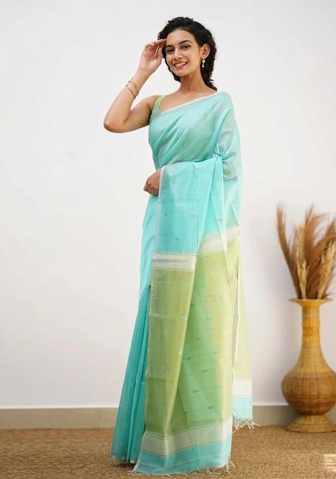 Light Blue Jacquard Border Linen Saree Set