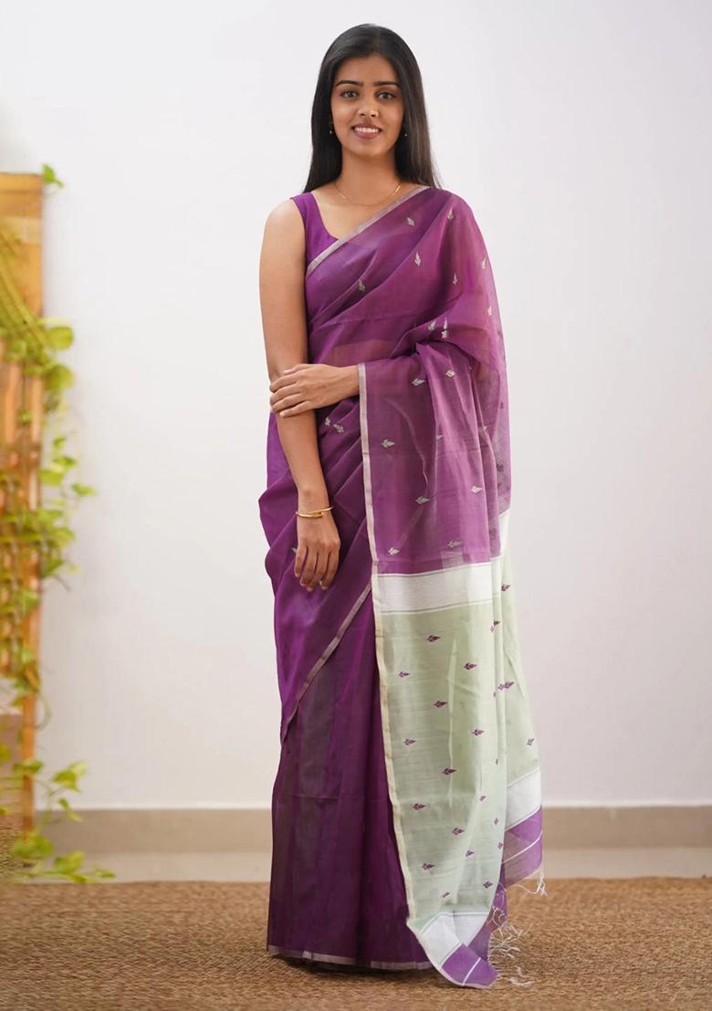 Wine Jacquard Border Linen Saree Set - Indya