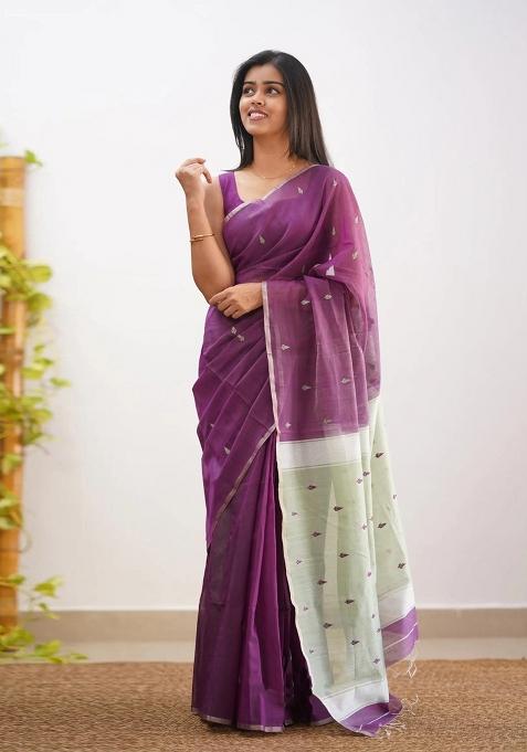 Wine Jacquard Border Linen Saree Set