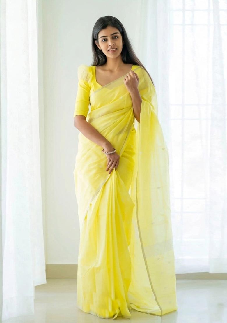 Yellow Jacquard Border Linen Saree Set - Indya