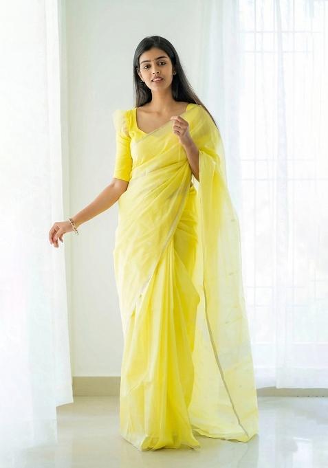 Yellow Jacquard Border Linen Saree Set