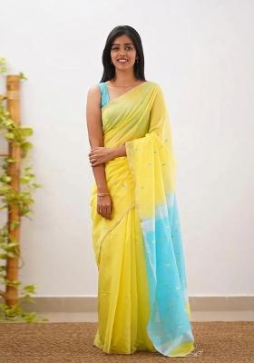 Yellow Jacquard Border Linen Saree Set