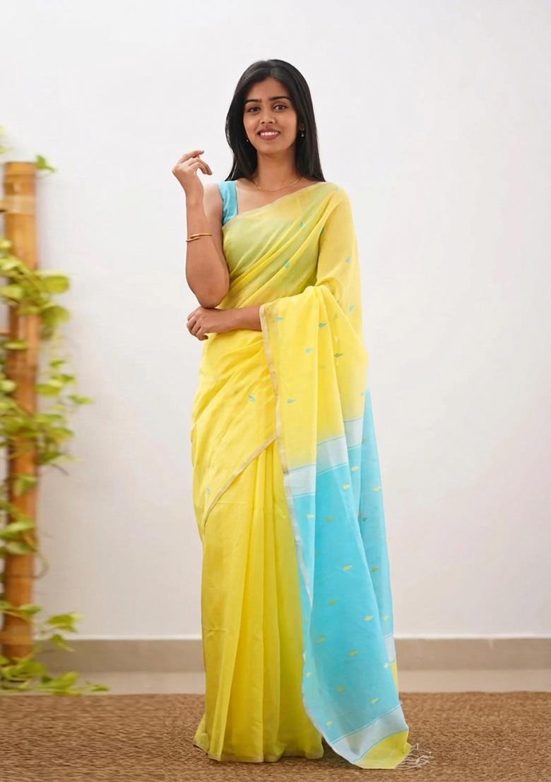 Yellow Jacquard Border Linen Saree Set - Indya