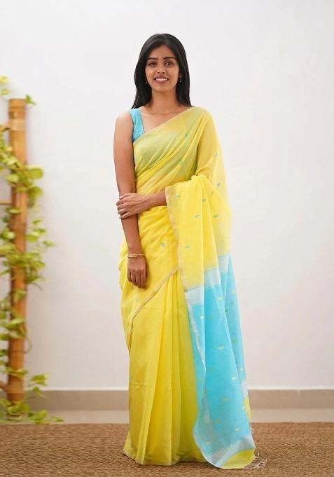 Yellow Jacquard Border Linen Saree Set