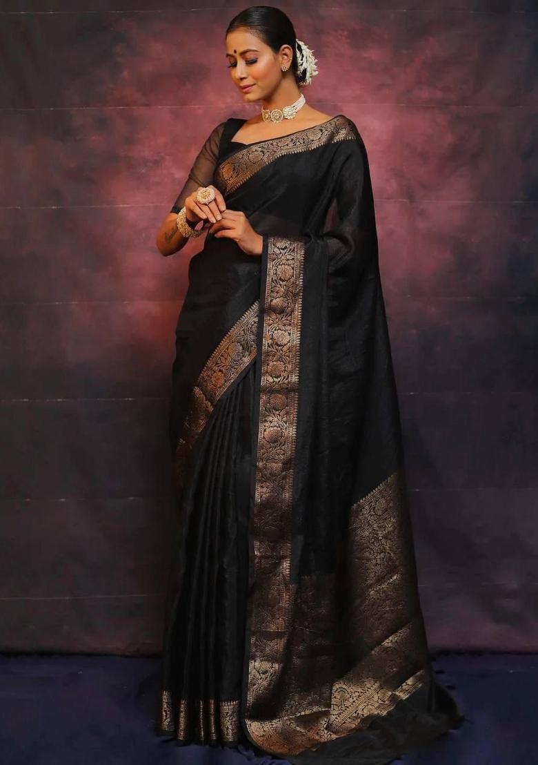 Black Jacquard Silk Blend Saree Set - Indya