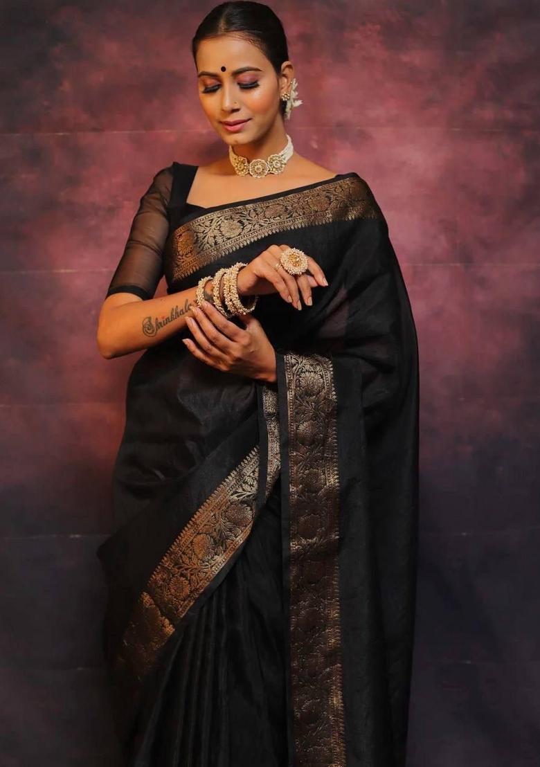 Black Jacquard Silk Blend Saree Set - Indya