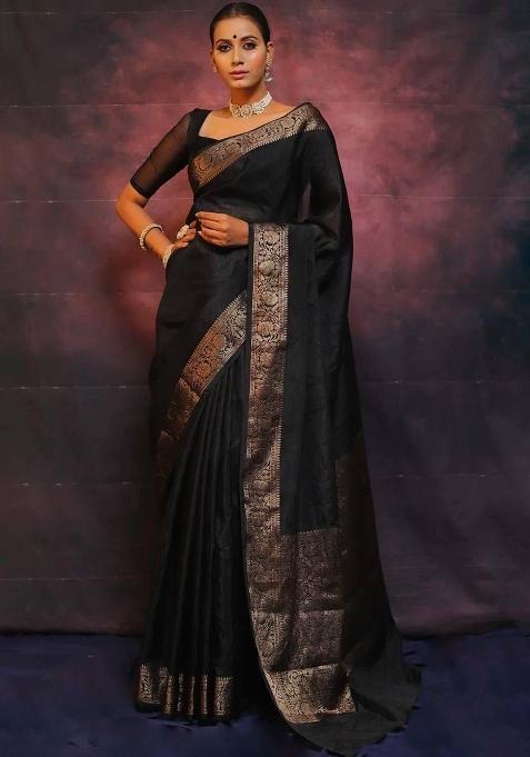 Black Jacquard Silk Blend Saree Set