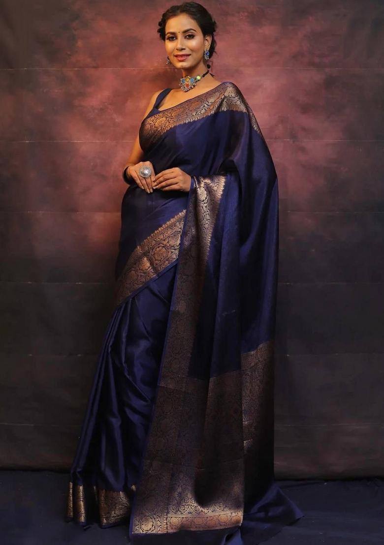 Blue Jacquard Silk Blend Saree Set - Indya