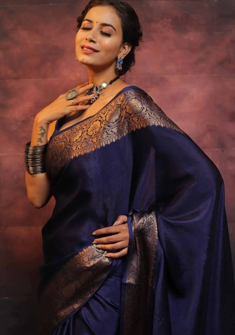 Blue Jacquard Silk Blend Saree Set - Indya