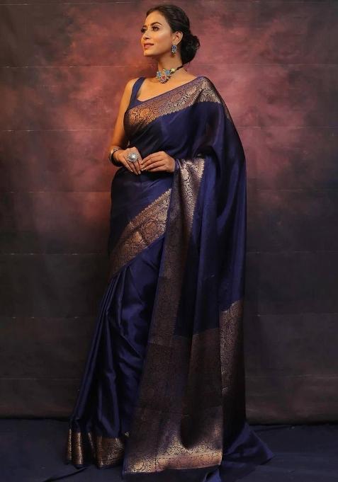 Blue Jacquard Silk Blend Saree Set