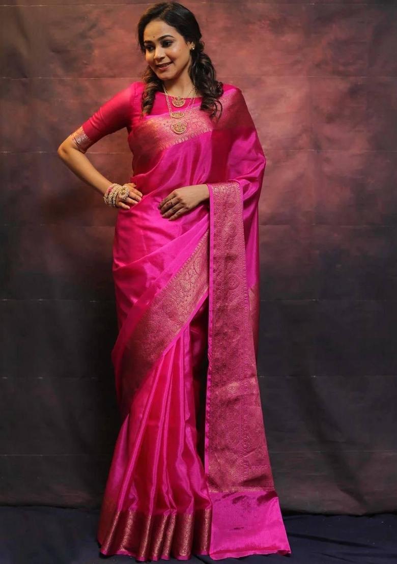 Pink Jacquard Silk Blend Saree Set - Indya