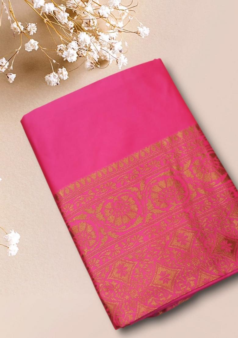 Pink Jacquard Silk Blend Saree Set - Indya