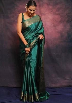 Teal Blue Jacquard Silk Blend Saree Set