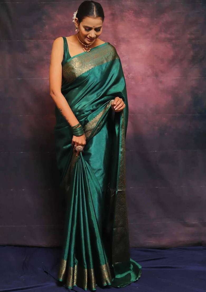 Teal Blue Jacquard Silk Blend Saree Set for Diwali | Wedding & Festive Wear - Indya