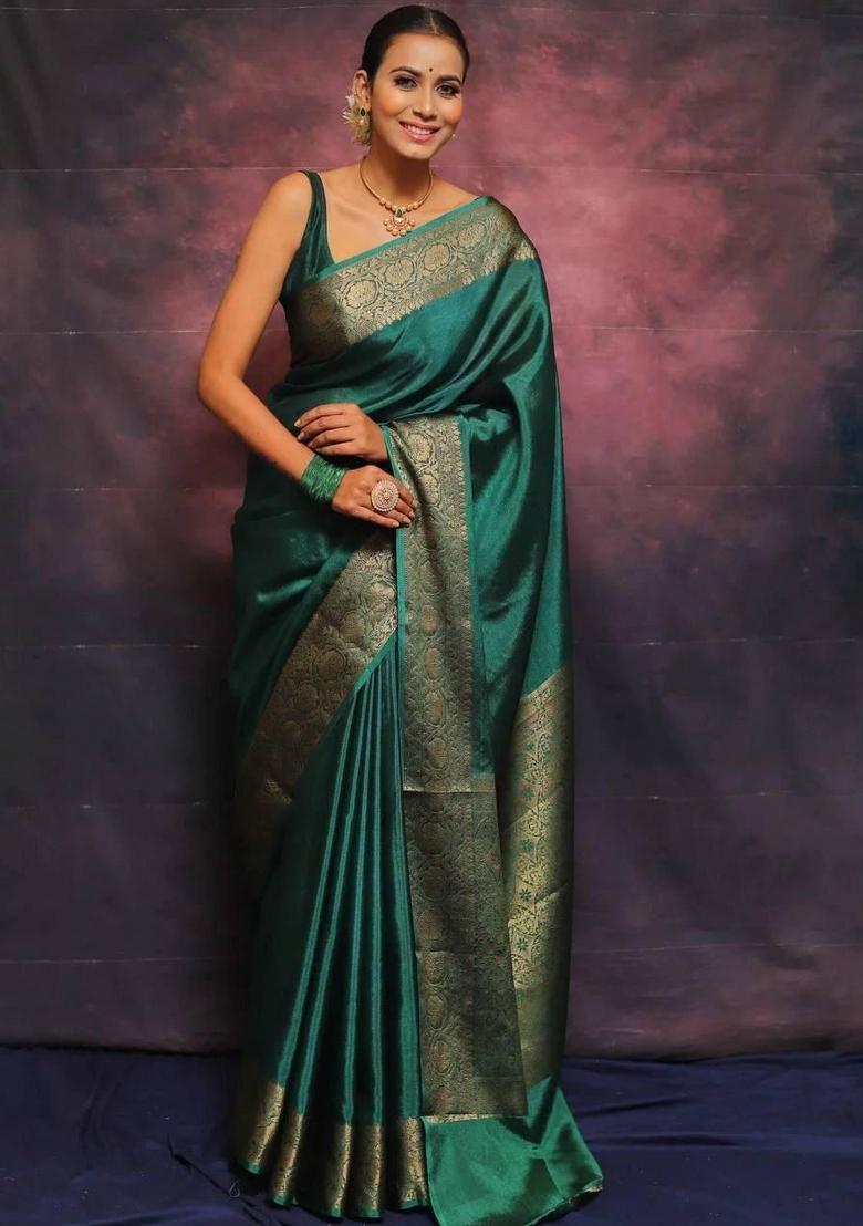 Teal Blue Jacquard Silk Blend Saree Set - Indya