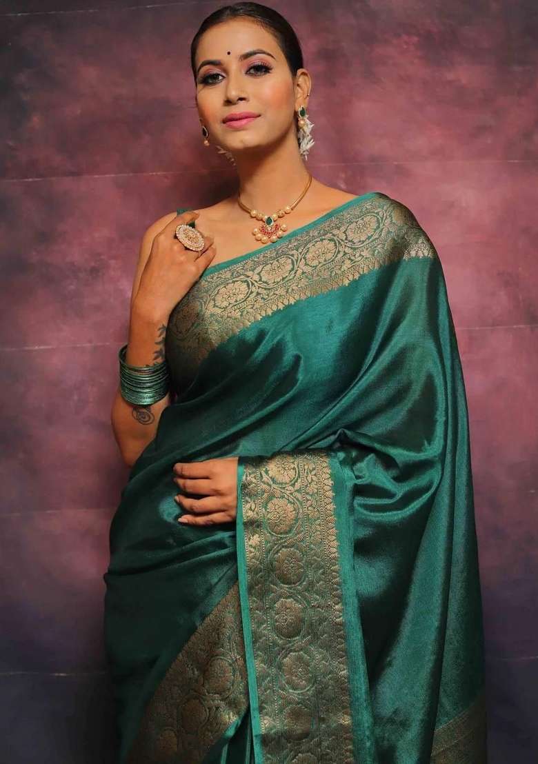 Teal Blue Jacquard Silk Blend Saree Set for Diwali | Wedding & Festive Wear - Indya