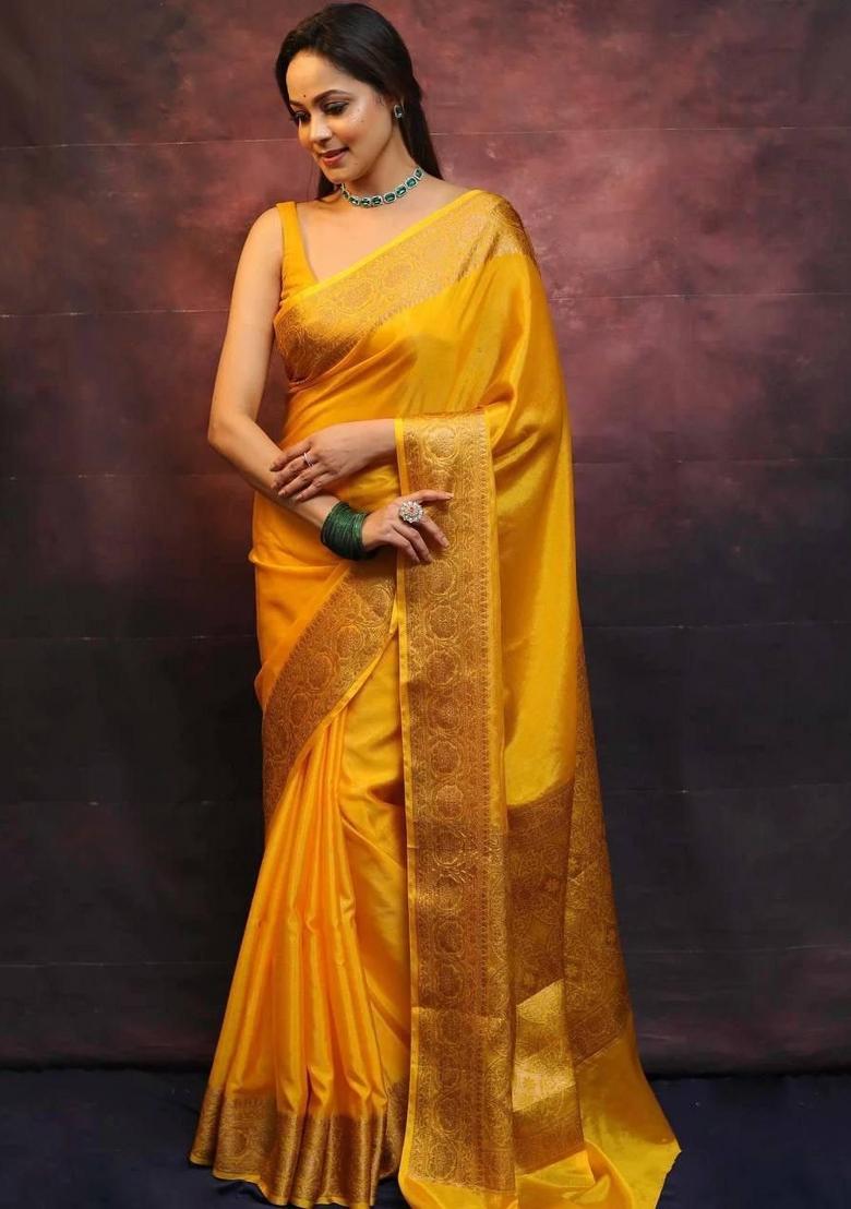 Yellow Jacquard Silk Blend Saree Set - Indya