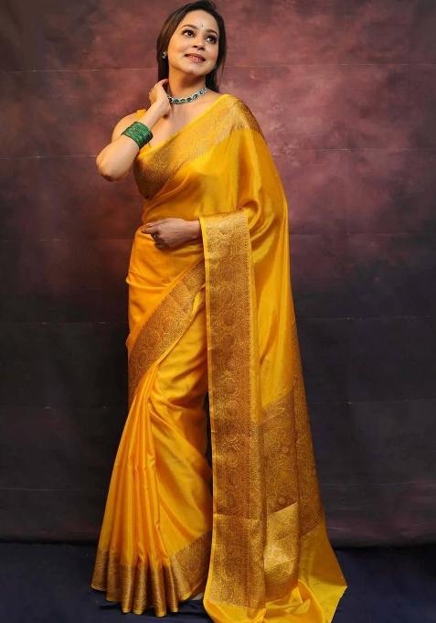 Yellow Jacquard Silk Blend Saree Set