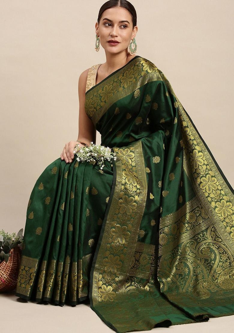 Green Jacquard Silk Blend Saree Set - Indya