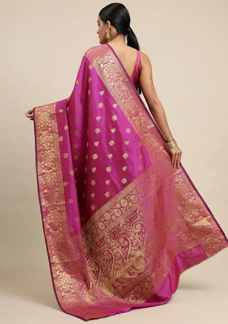 Pink Jacquard Silk Blend Saree Set - Indya