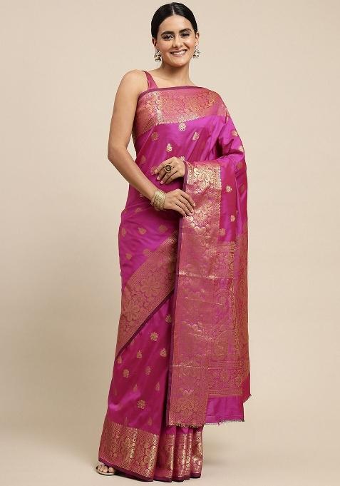 Pink Jacquard Silk Blend Saree Set