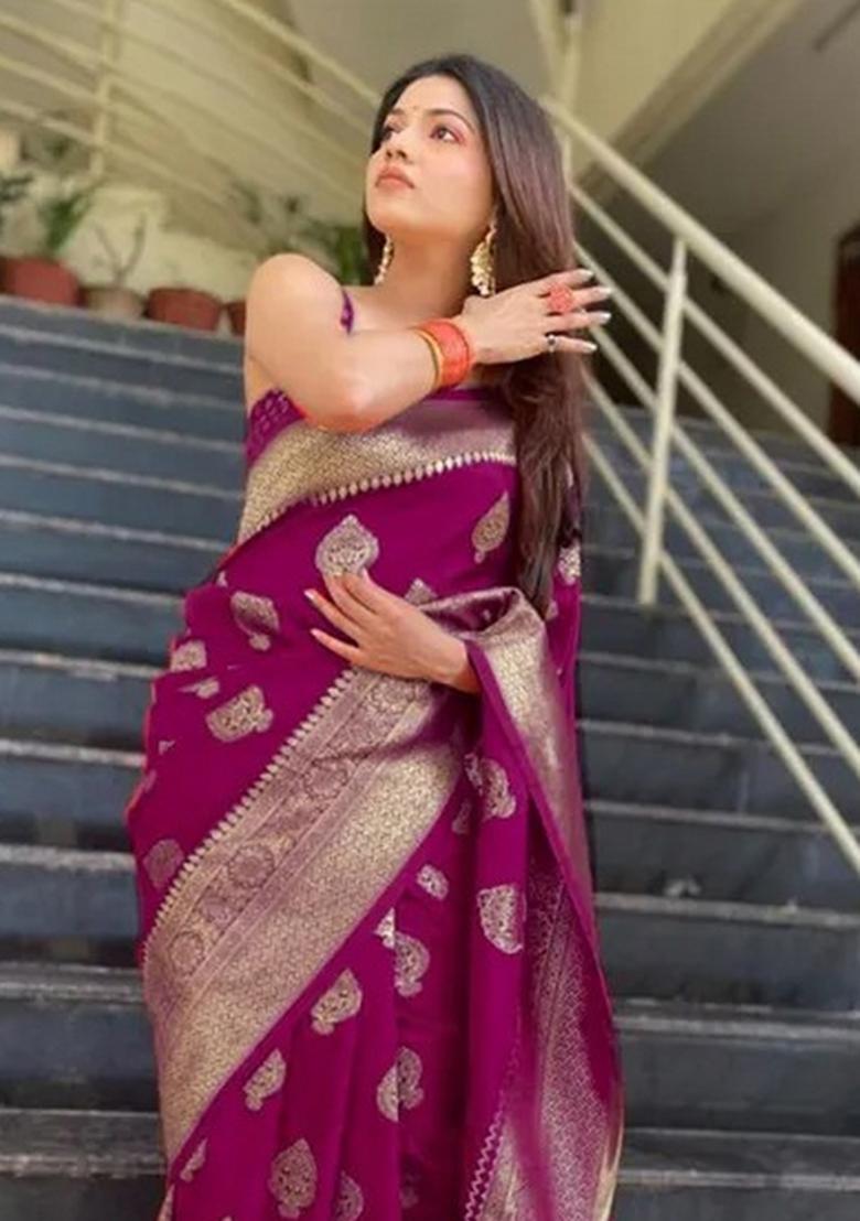 Wine Jacquard Silk Blend Saree Set - Indya