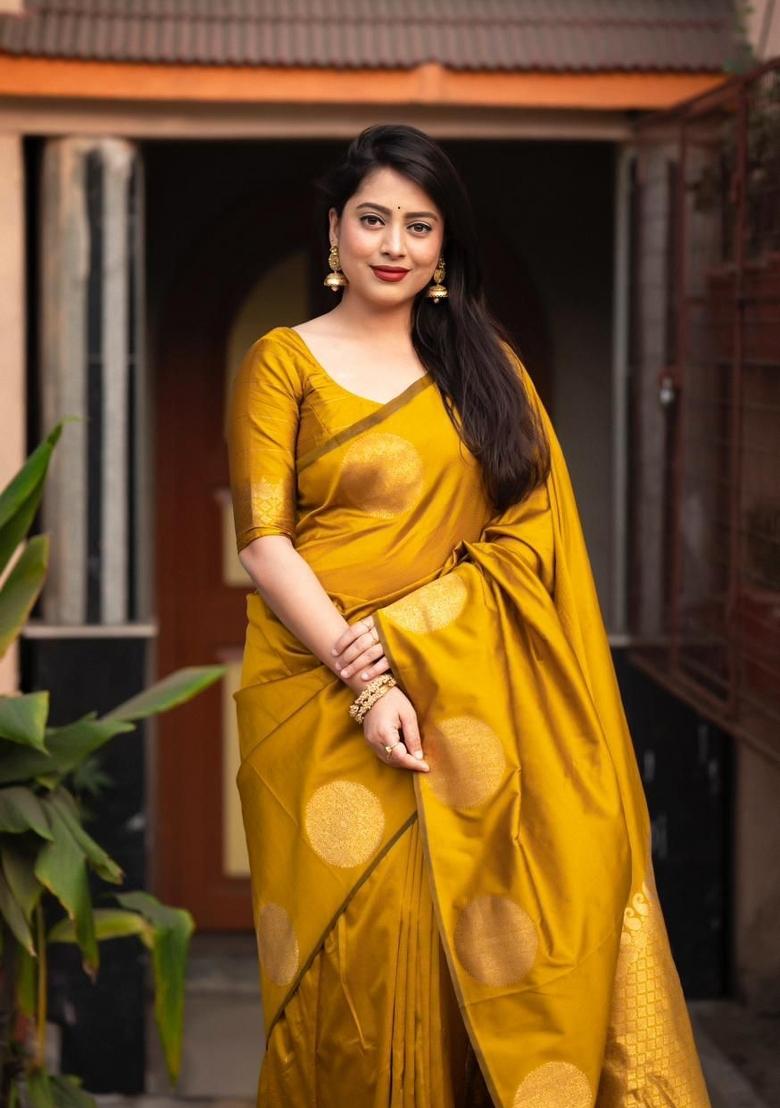 Mustard Jacquard Silk Blend Saree Set - Indya